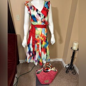 Ted Baker Red and Blue Pleated Asymmetrical Sundress with matching bag!